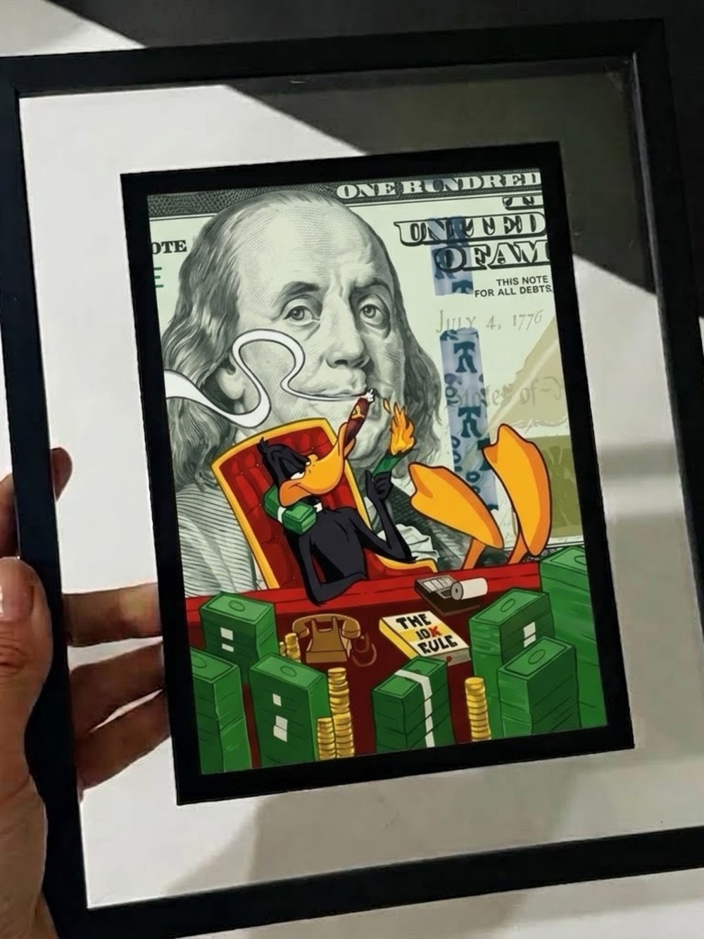 Framed Pop Art Print — Daffy Duck Millionaire Scene (Black Frame)